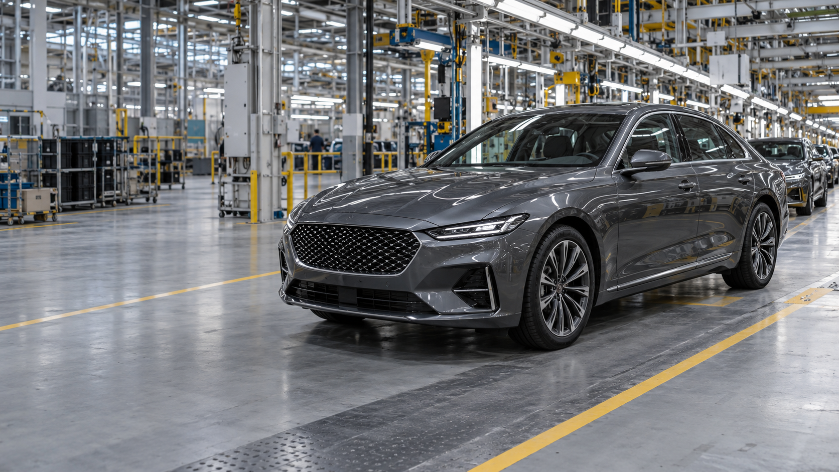 Automotive sedan on a production assembly line